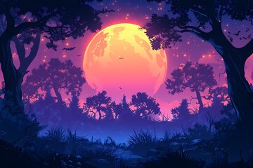 Magical Nightscape: Enchanting Moonlit Forest with Vibrant Silhouettes