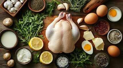 Raw Chicken with Fresh Ingredients on Wooden Table