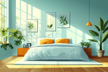 Modern Bedroom Interior Featuring Cozy Decor, Potted Plants, and Elegant Wall Art for a Serene and Stylish Space