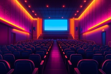 Fototapeta premium Modern Movie Theater Auditorium with Neon Lights and Vibrant Seating: A Cinematic Experience in Futuristic Design