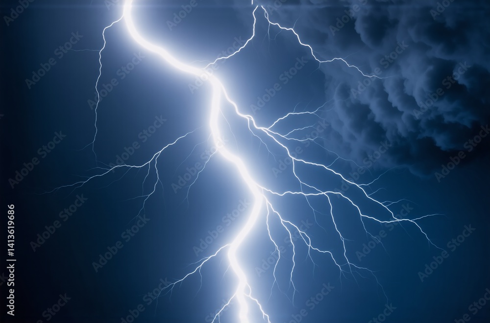 Poster a bright bolt of lightning cuts through a dark, stormy sky. the jagged flash illuminates the ominous