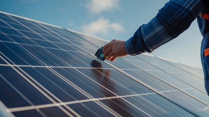 Solar panel technician testing photovoltaic modules in a clean energy plant. Featuring renewable energy and technology