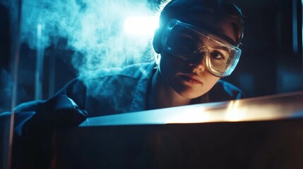 Steel factory worker operating a hydraulic press to shape a heated metal sheet. Featuring strength and accuracy