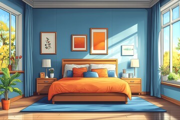 Obraz premium Modern Bedroom Design with Vibrant Blue & Orange Decor: Cozy Luxury with Natural Light and Inviting Atmosphere