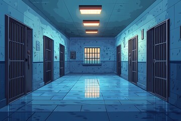 Dark Blue Prison Corridor with Steel Bars and Windows: Eerie Digital Art Illustration