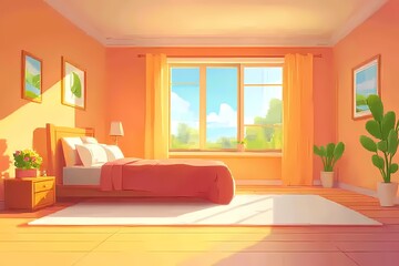 Fototapeta premium Cozy Modern Bedroom Interior with Warm Orange Accents: Embrace Peaceful Sunlit Style & Nature Views