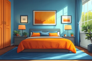 Modern Bedroom Interior Design with Blue Walls and Orange Accents Featuring Cozy Textiles and Vibrant Decor