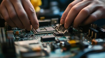 Technician assembling a computer motherboard in an electronics workshop. Featuring tech assembly and precision work