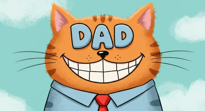 Cartoon of a smiling orange cat wearing a blue shirt and red tie with the word 'DAD' above its eyes