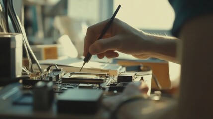Technician assembling computer components in a tech workshop. Featuring technical assembly and precision