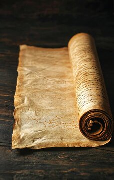 Ancient scroll resting on a wooden surface, showcasing intricate handwriting and aged texture