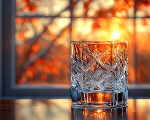 Crystal glass reflecting sunset, autumnal scene