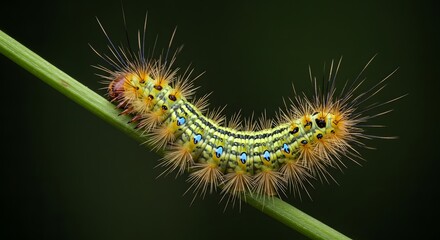 Fototapeta premium Caterpillar Crawling on a Green Stem Close Up