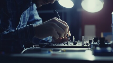 Technician troubleshooting a circuit board in an electronics lab. Featuring technical skills and diagnostics