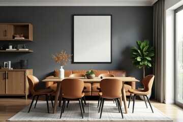 Elegant dining room with brown leather sofa, wooden dining table and black white picture frame on grey accent wall , leather sofa, black white photos