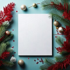 Christmas card mockup with red decorations and fir branches on dark background.