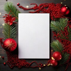 Christmas card mockup with red decorations and fir branches on dark background.