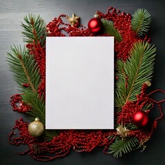 Christmas card mockup with red decorations and fir branches on dark background.