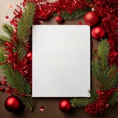 Christmas card mockup with red decorations and fir branches on dark background.