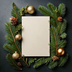 Golden Christmas card mockup with pine branches and ornaments on dark wood.