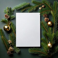 Golden Christmas card mockup with pine branches and ornaments on dark wood.
