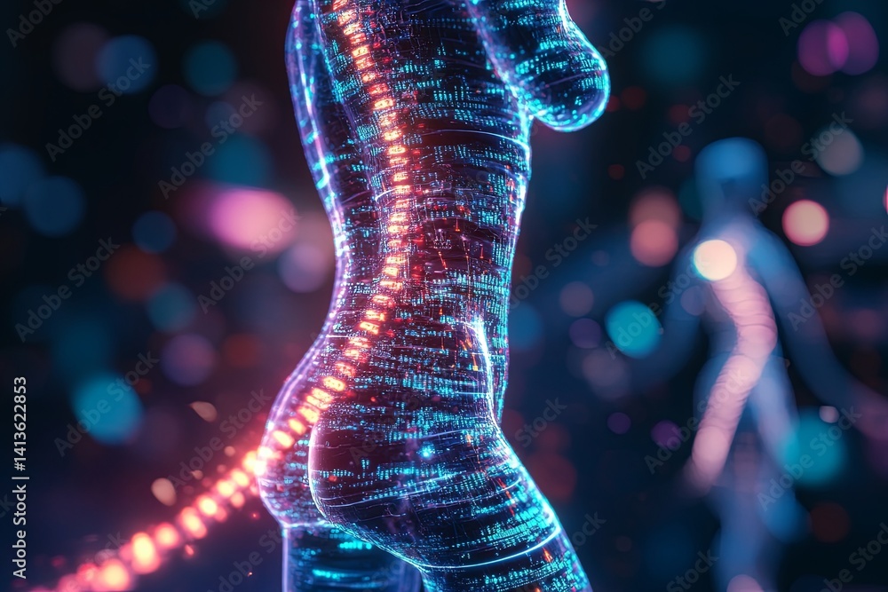 Poster digital representation of a body illuminated by colorful data patterns during a futuristic visualiza