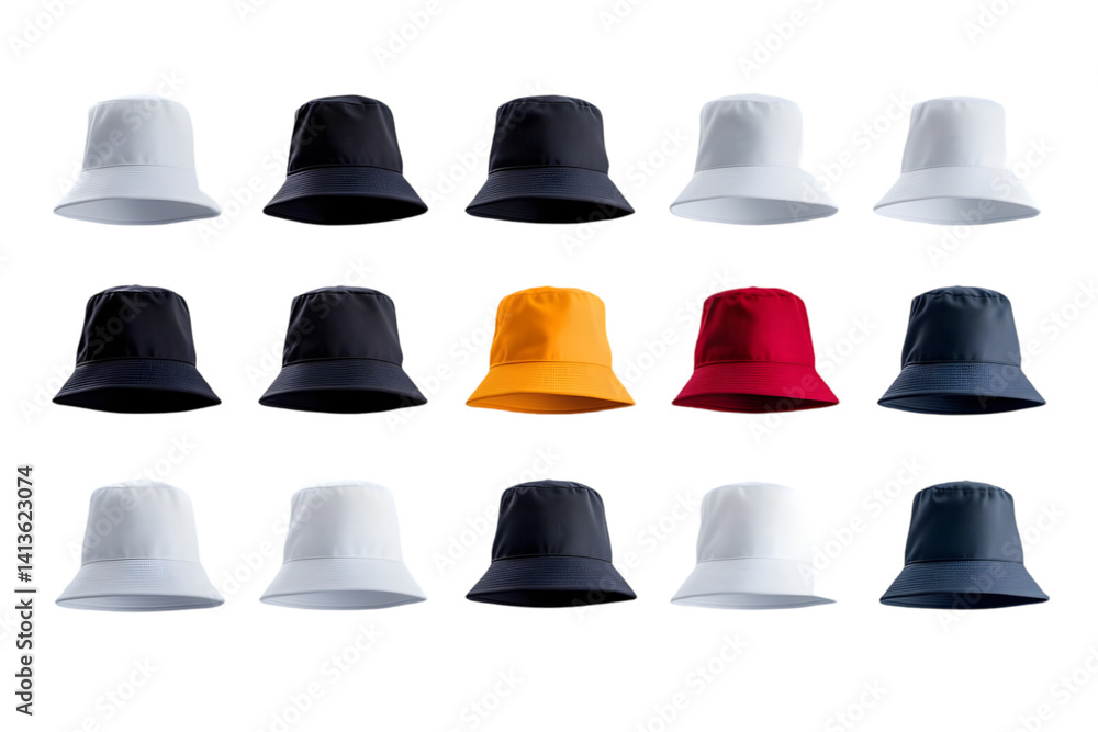 Poster bucket hats collection in different colors isolated on transparent background