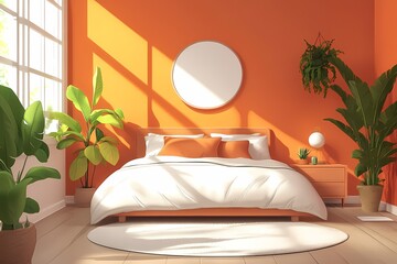 Modern Minimalist Bedroom with Orange Walls and Natural Light Featuring Cozy White Bedding and Indoor Plants
