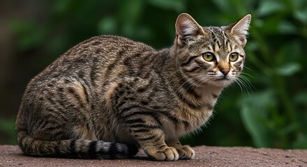 Obraz premium Attentive Tabby Cat Sitting Outdoors in Natural Setting