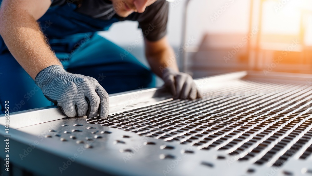 Poster close-up shot of a worker using tools on a metal surface in a dynamic industrial setting