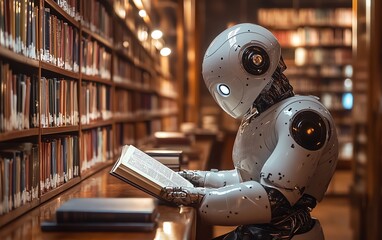 Fototapeta premium AI robot engrossed in reading a book in a techforward library, blending machine learning, artificial intelligence, and the future of humanlike learning and innovation