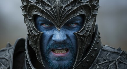 Naklejka premium Close-up of a person in an elaborate fantasy costume with blue face paint and ornate helmet
