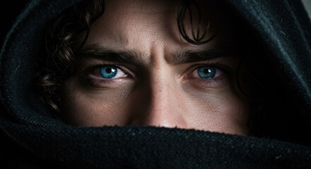 Close-up of a person's blue eyes partially obscured by a dark hood