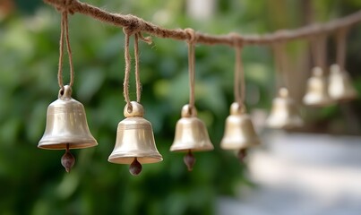 Obraz premium A string of brass bells rang softly in the wind, Generative AI