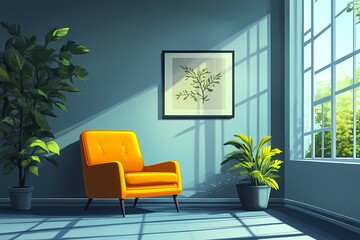 Modern Interior Design with Cozy Minimalist Furniture and Vibrant Greenery in Sunlit Living Room