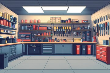 Organized Tool Shed Workshop: Modern DIY Garage with Efficient Tool Storage and Workbench Setup for Home Improvement and Carpentry
