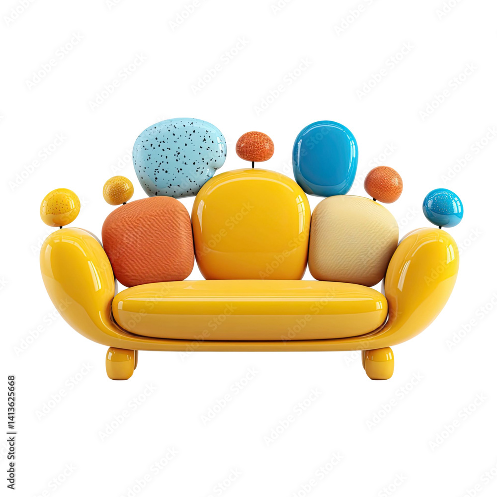 Poster yellow modern sofa with multiple colorful cushions and floating spheres on transparent background. t