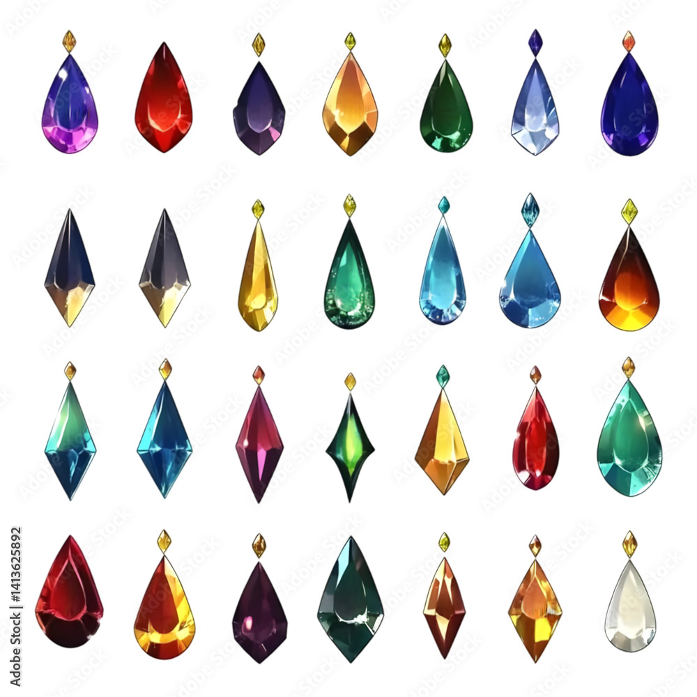 Poster collection of colorful gem drop shapes isolated on transparent background