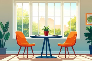 Fototapeta premium Elegant Dining Area with Modern Interior: Bright Decor & Indoor Plants for a Cozy Space