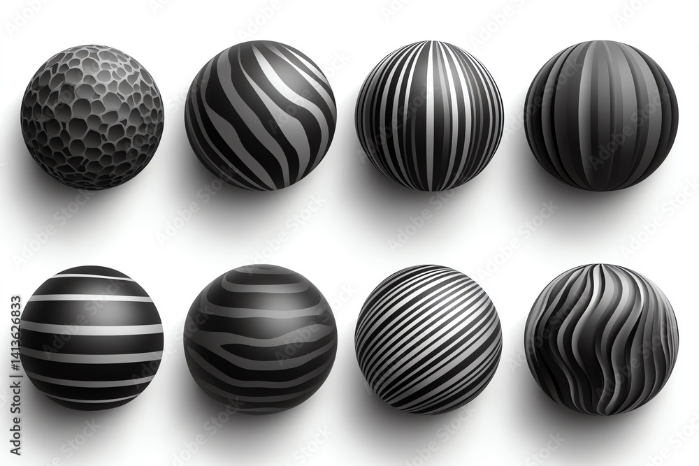 Fototapete eight glossy black spheres with varying gray patterns create a stylish abstract design perfect for b