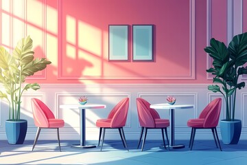Modern Cafe Interior Design: Cozy and Artistic Space with Pink Walls, Stylish Seating, and Vibrant Decor in Urban Setting