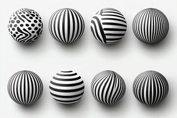 Eight stylish black and white spheres with different geometric patterns create a visually interesting design perfect for backgrounds or modern art projects.
