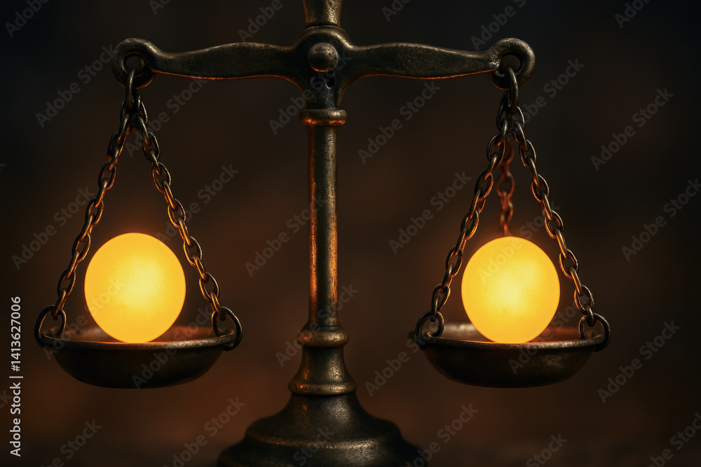 Poster balance scale with glowing spheres symbolizes visual metaphors of ethical messaging, representing fa
