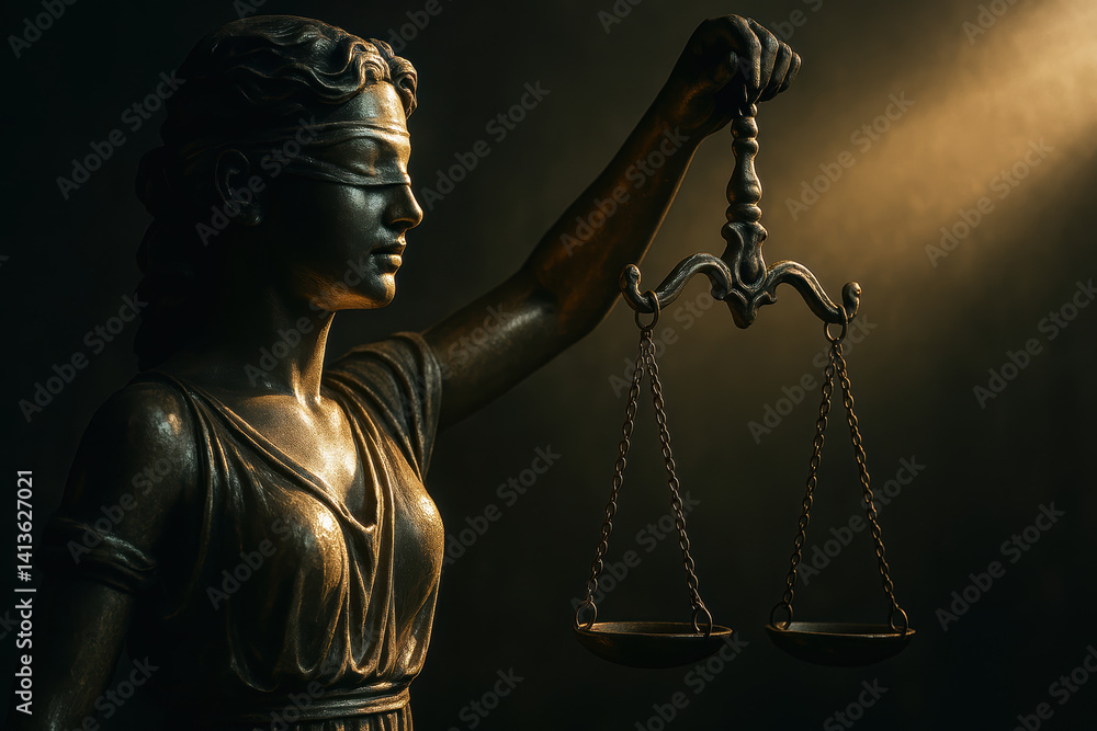 Poster statue representing justice holds scales symbolizing balance and fairness, embodying ethical princip