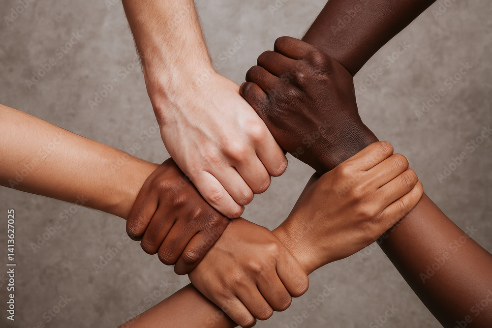 Poster unity and collaboration are visual metaphors for ethical messaging as diverse hands come together to