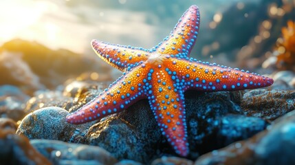 A colorful starfish clinging to a rocky underwater surface,  