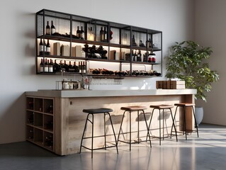 A modern home bar features a sleek concrete countertop, industrial metal shelving, and wooden stools providing a stylish entertaining space.