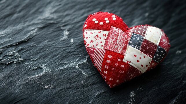 Red patchwork heart on dark stone background