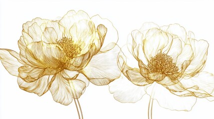 Two golden outline peonies on white background