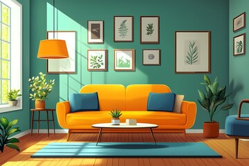 Modern Interior Design with Orange Sofa and Green Walls: Vibrant Living Room Decor Featuring Artwork and Indoor Plants for a Contemporary, Cozy Atmosphere